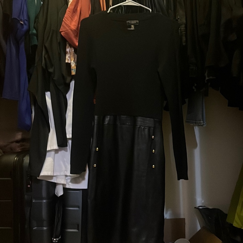 Sweater dress with faux leather detail